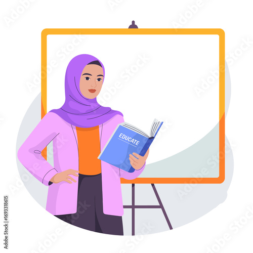 A woman in a hijab stands next to a whiteboard while holding a book titled 'EDUCATE', representing the importance of knowledge and education in personal development and growth.