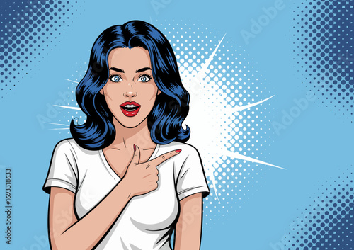 A captivating image of a woman with blue hair in a engaging pose, emphasizes creativity and individuality in a bright pop art setting that draws attention.