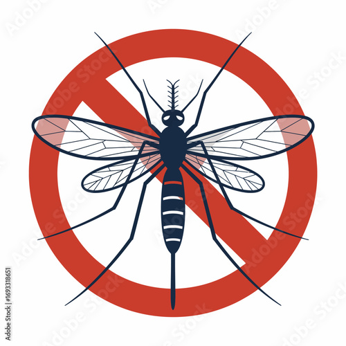 This striking image shows a mosquito prohibition sign with a stylistic depiction, aiming to encourage public awareness regarding mosquito-borne diseases and safety.