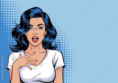 This image depicts a fashionable woman with striking blue hair, showcasing an expressive reaction, embodying confidence and modern beauty trends in a pop art style.