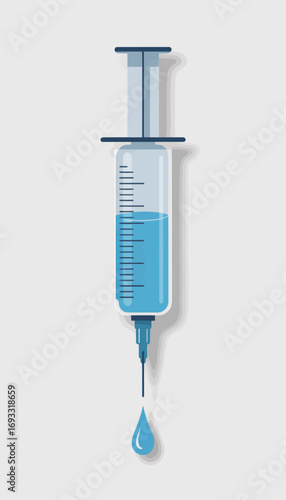 This image features a detailed blue syringe with a droplet at the tip, symbolizing healthcare and the importance of vaccinations in modern medicine and public health awareness.