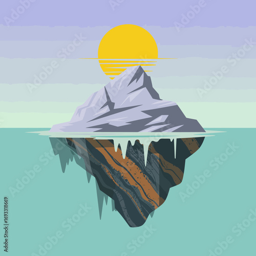 This vibrant iceberg illustration features a unique reflection in the water, symbolizing beauty and fragility of polar regions while highlighting the effects of climate change visually.