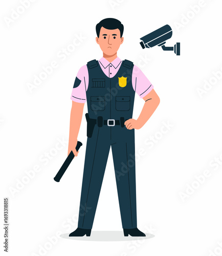 This image features a police officer monitoring security with a baton and surveillance camera, illustrating the vigilance required in ensuring community safety.
