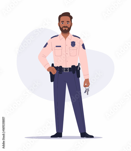 A cheerful police officer stands confidently, showcasing his badge. He holds a set of keys in hand, representing authority and community trust in law enforcement.