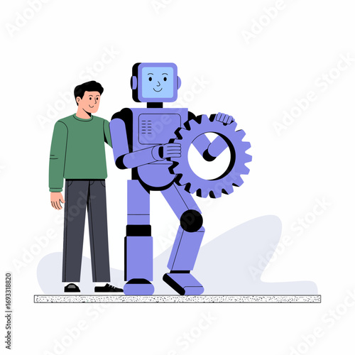 A young man stands side by side with a robot, both smiling as they hold a gear. This imagery symbolizes the future of human-robot partnerships in an approachable way.