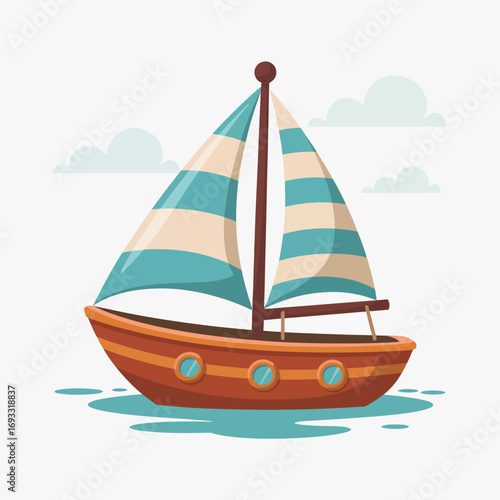 This charming sailboat, adorned with striped sails, floats gracefully on calm waters, reflecting a dreamlike quality enhanced by soft clouds in a serene environment.