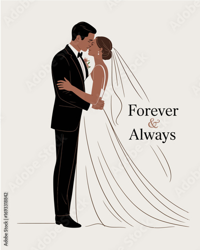 An elegant wedding couple is shown sharing an intimate moment, symbolizing eternal love and commitment, highlighted by the phrase 'Forever & Always' as they embark on their life's journey.