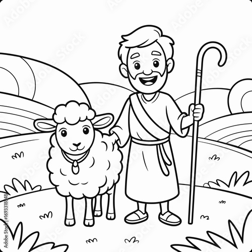 This playful black and white illustration portrays a friendly shepherd with his sheep, highlighting the bond of companionship and the joy of simple rural life in an engaging manner.