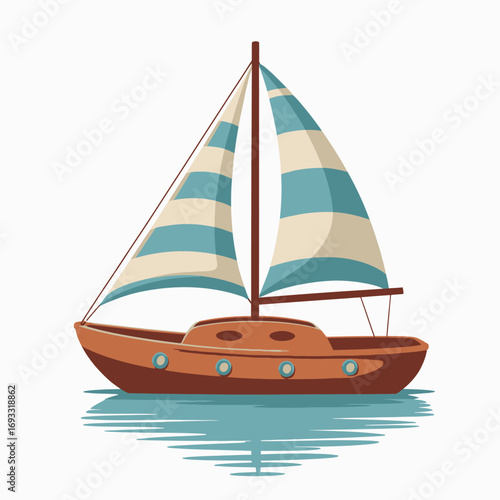 A beautifully designed sailboat with blue and white sails is portrayed on reflective waters under a bright sky, conveying a sense of tranquility and exploration.