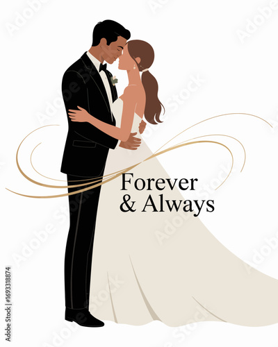 A stunning illustration of a wedding celebration featuring a couple embracing while expressing their love and dedication to each other, accented by elegant design elements symbolizing eternity.