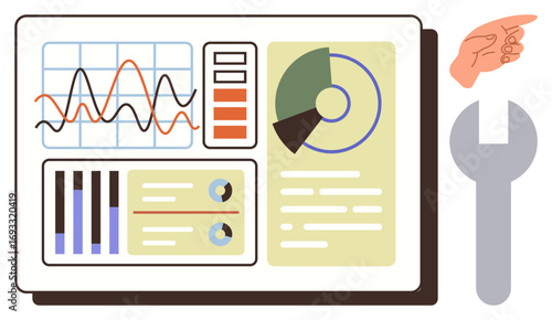 Multiple data charts, graphs, and visual elements on a dashboard with a hand pointing and a wrench. Ideal for business analytics, strategy, optimization, development, teamwork, productivity simple