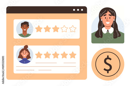 Web interface displaying user profiles with star ratings, separate user avatar, and dollar sign. Ideal for customer feedback, reviews, online reputation, hiring platforms, user evaluation, payment