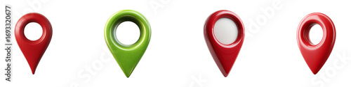 Set of four realistic 3D location marker icons in red and green isolated on transparent background.