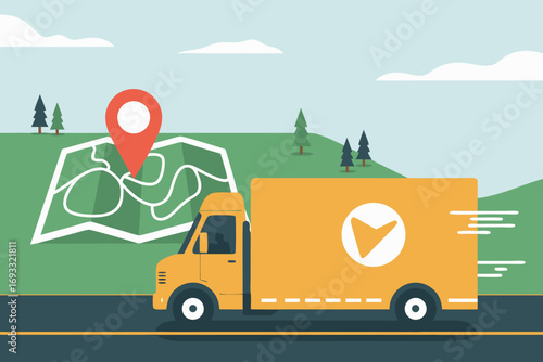 Delivery Truck with Map Pin Vector Illustration for Shipping Route and Logistics