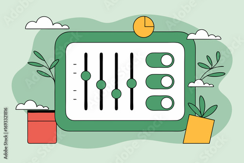 Digital interface controllers graphic with switches sliders and plants on a green backdrop