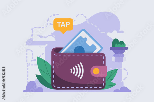 Contactless payment illustration with wallet, credit card and tap symbol in modern flat design