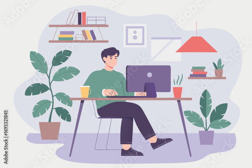 Freelancer works on desktop, illustrated interior with plants and shelves cozy workspace