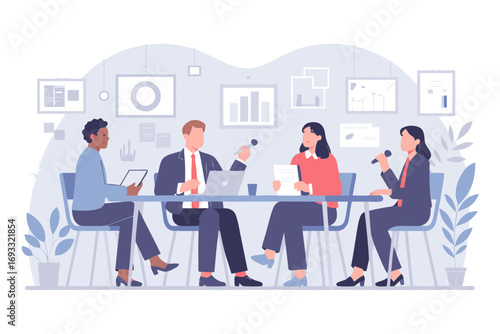 Business team meeting at the table with laptops and microphone for presentation briefing
