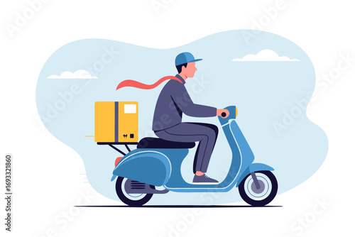 Delivery Driver on Vintage Scooter With Package in a Cartoon Illustration
