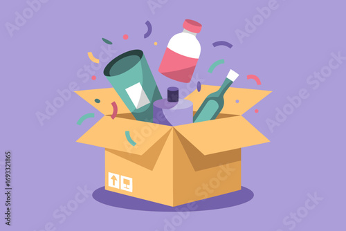Gift Box Illustration with Exploding Bottles, Confetti, and Purple Background