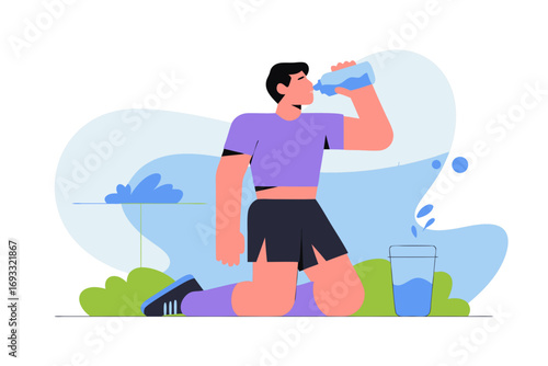 Healthy man drinking water after workout to refresh and hydrate body in the park