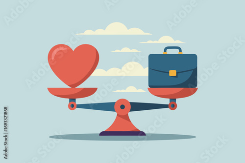 Heart and Briefcase Balancing on Scales: Work-Life Balance Vector Illustration