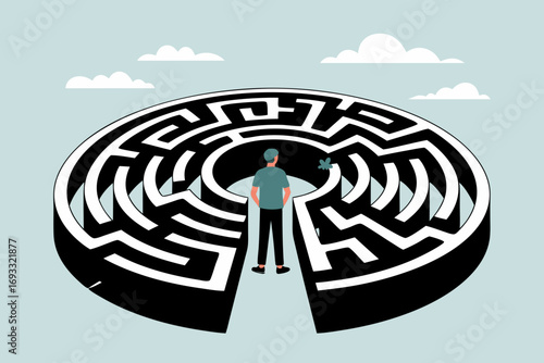 Man Standing At Entrance to Maze, Concept of Business Challenge And Solution Graphic