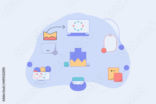Abstract illustration of a creative digital process with various design elements connected