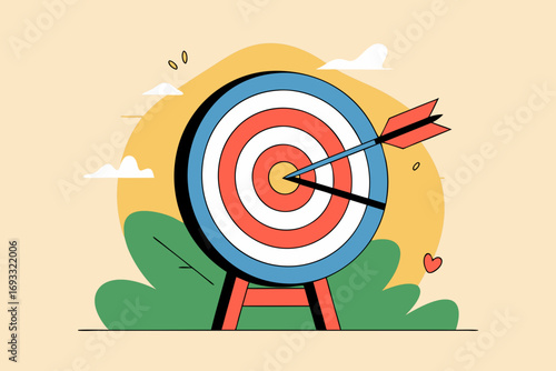 Aim for Success: Cartoon Target with Arrow Hitting Bullseye, Concept Illustration