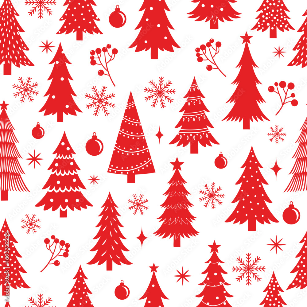 Obraz premium Christmas Holiday Seamless Pattern with Red Trees and Snowflakes.