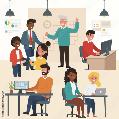 Diverse team works in a modern office setting