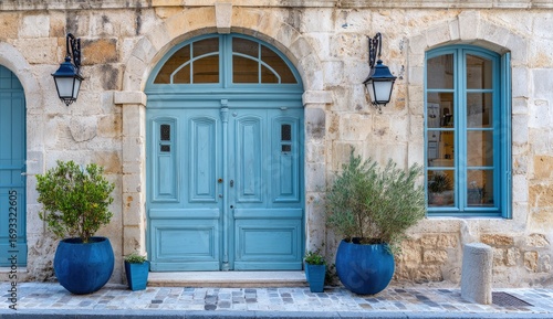 Aged stone building with a teal door