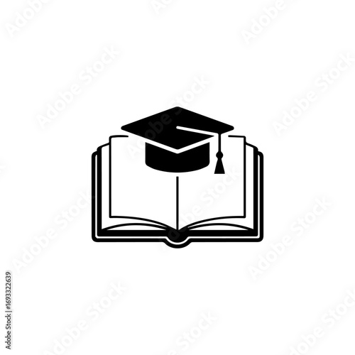 A black silhouette icon of a graduation cap with a tassel resting on an open hardbound book symbolizing education and academic achievement.