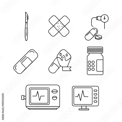 A collection of handdrawn medical and healthcare line art icons including pills bandages a scalpel and ECG monitors.