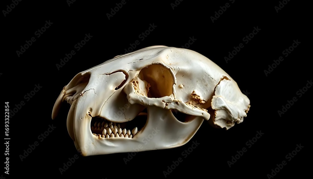Naklejka premium Detailed studio shot of a bone skull against a stark black background showing its structure