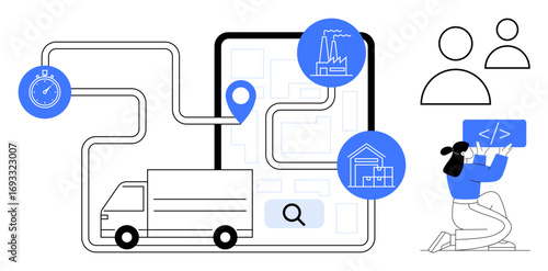 Truck connected to a digital map with route markers, stopwatch, and industrial icons. Includes a programmer at work and user icons. Ideal for logistics, navigation, delivery, supply chain