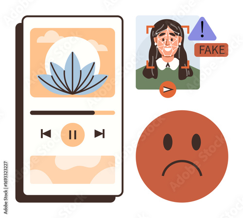 Smartphone app playing media, facial recognition analyzing person, fake warning sign, sad emotion. Ideal for tech awareness, cybersecurity, AI ethics, identity, emotions misinformation simple flat