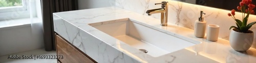 Sleek, modern undermount bathroom sink installed in a luxurious, minimalist vanity with marble countertop Perfect for contemporary design inspiration , undermount sink, plumbing, ceramic sink