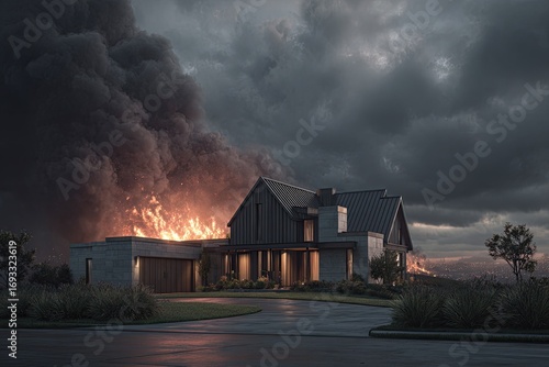 A modern house engulfed in flames during a stormy night