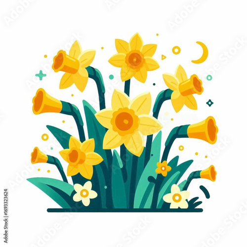 A cluster of stylized yellow daffodils with green stems and leaves on a white background