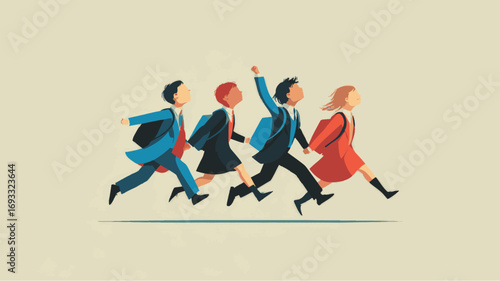 Minimal flat illustration of happy school children in uniforms going back to school with backpacks