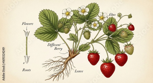 Botanical illustration of a strawberry plant showcasing its roots, leaves, flowers, and developing and ripe berries with detailed labels.