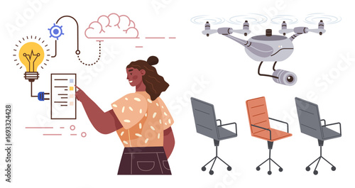 Woman interacting with ideas and tech concepts, Quadcopter representing surveillance, office chairs symbolizing workspace. Ideal for innovation, tech, security, creativity, brainstorming, workplace