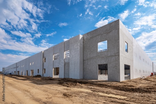 Exterior of a large, unfinished concrete warehouse under construction
