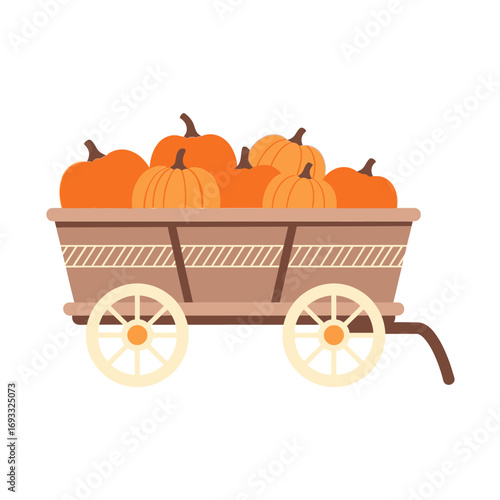 vector illustration of a rustic wooden farm cart filled with orange pumpkins for a Thanksgiving autumn harvest festival display.