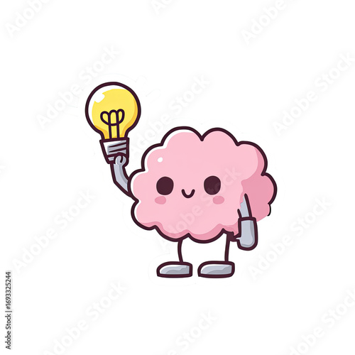 Cute pink brain character holding a lightbulb
