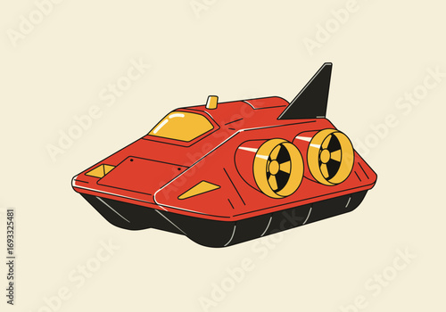Retro Red Hovercraft Cartoon Illustration with Yellow Accents.