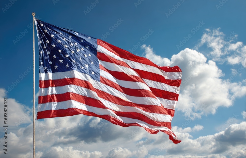 Obraz premium American flag waving in a partly cloudy sky