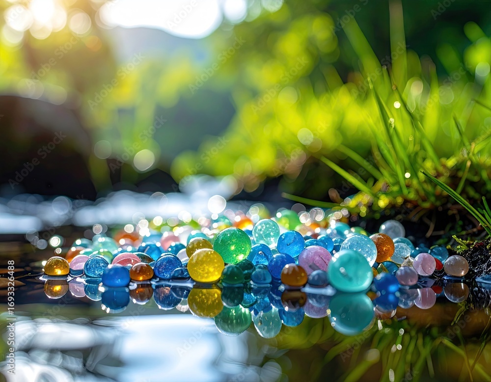 Naklejka premium Colorful Glass Beads in a Sunny Stream