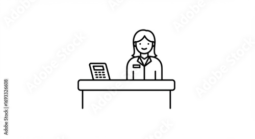Illustration of a woman with short hair sitting behind a desk with a calculator on the left side vreated with genrated ai